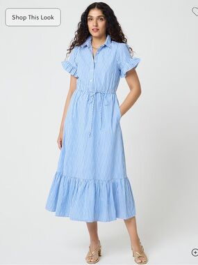 NWT J. Crew Ruffle Sleeve Blue and White Striped Shirt Maxi Dress - Size 6